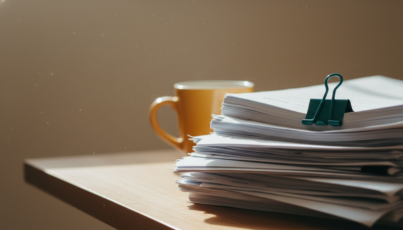 Aktenstapel neben gelber Kaffeetasse