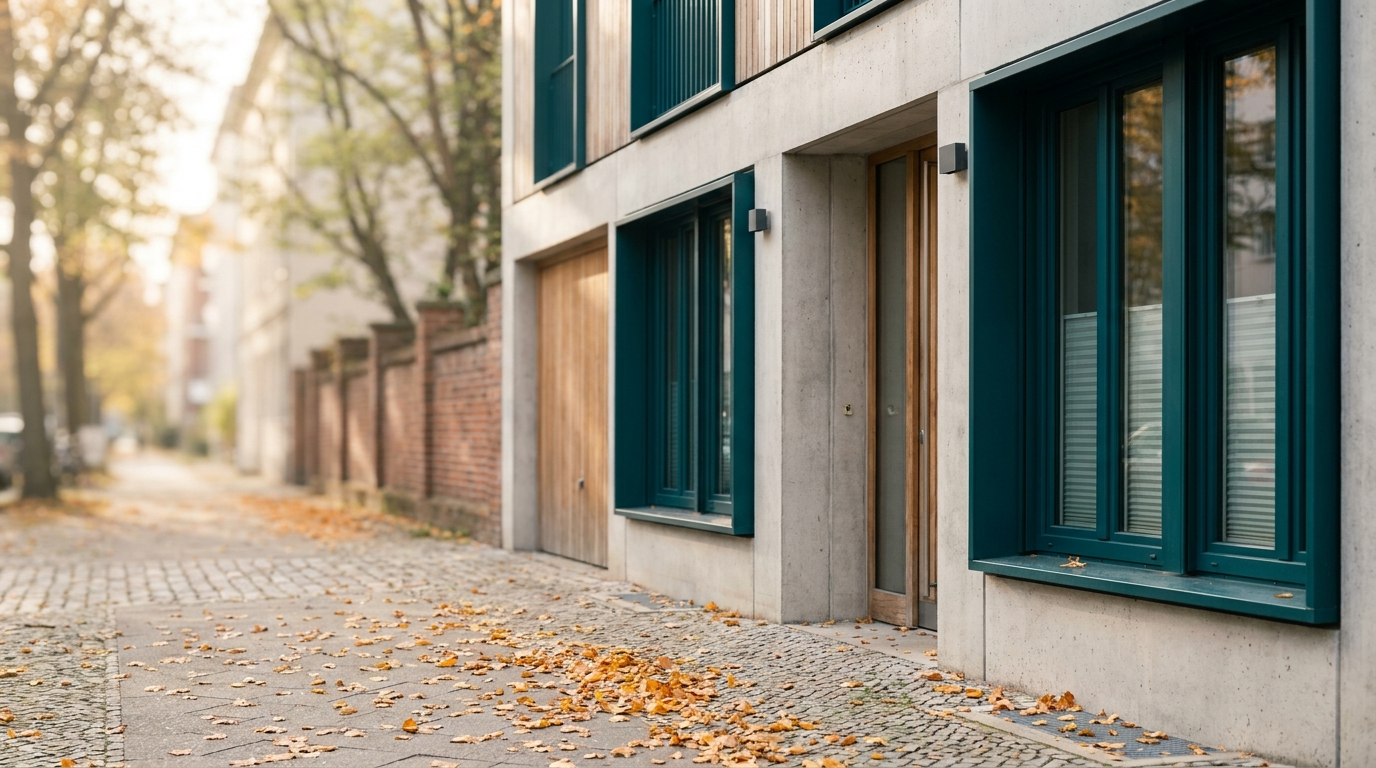 Altbau mit Fassade auf Kopfsteinpflaster