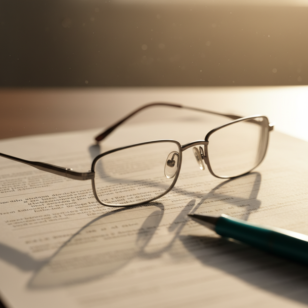 Brille mit Dokument auf Stift