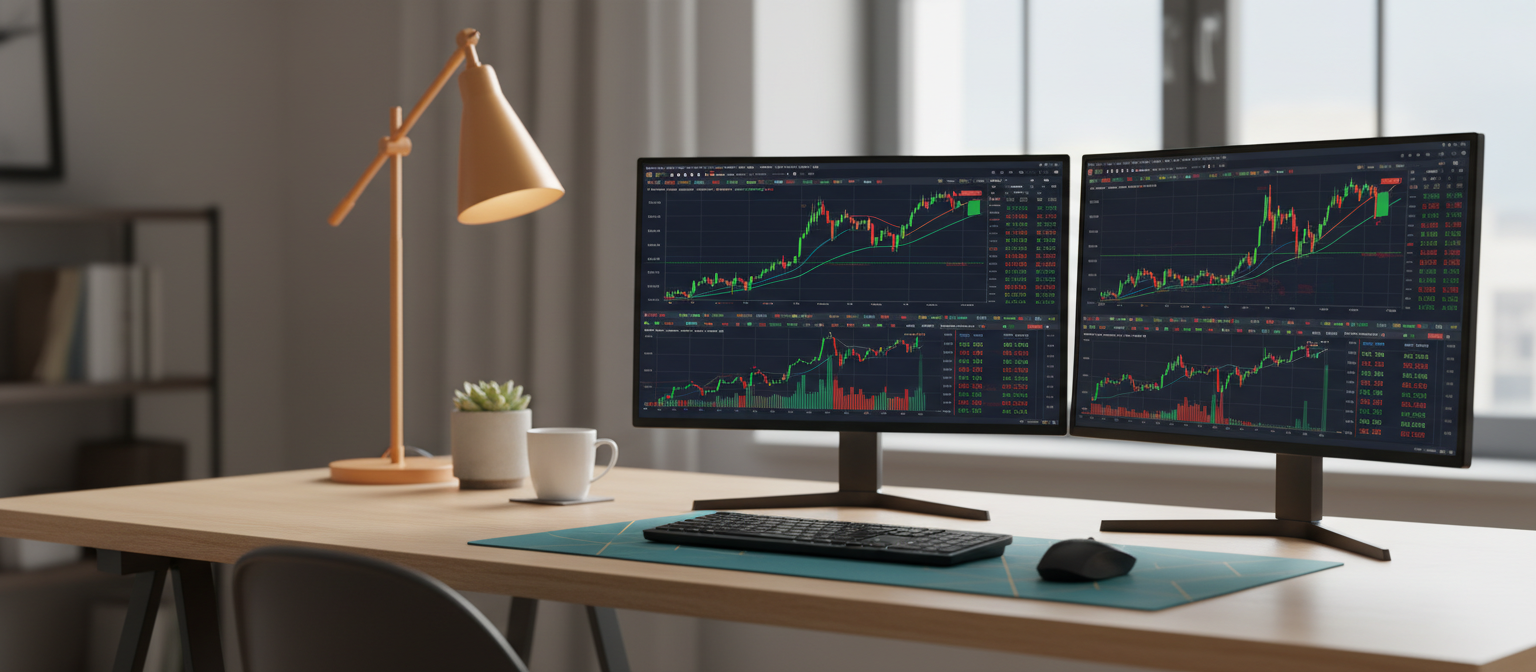 Doppelmonitor mit Aktiencharts auf Büro