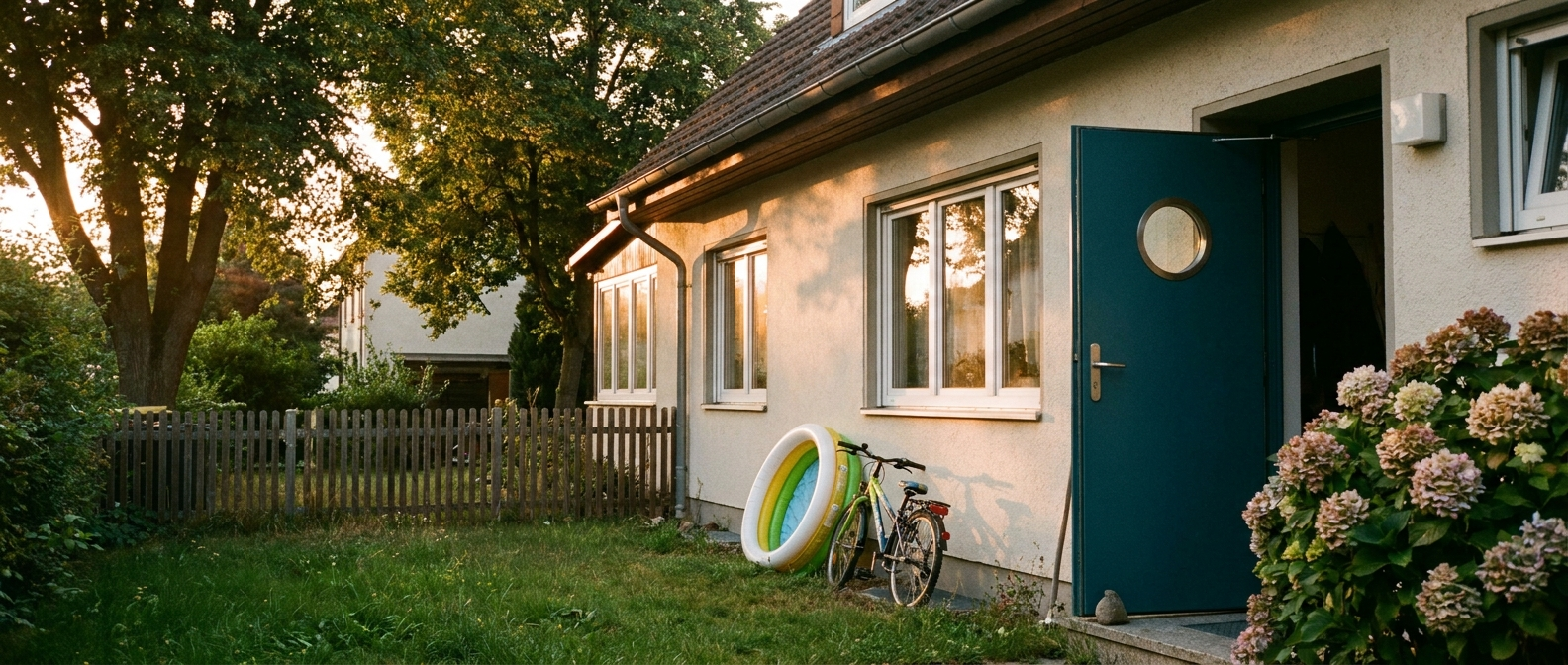 Einfamilienhaus mit Fahrrad auf Garten