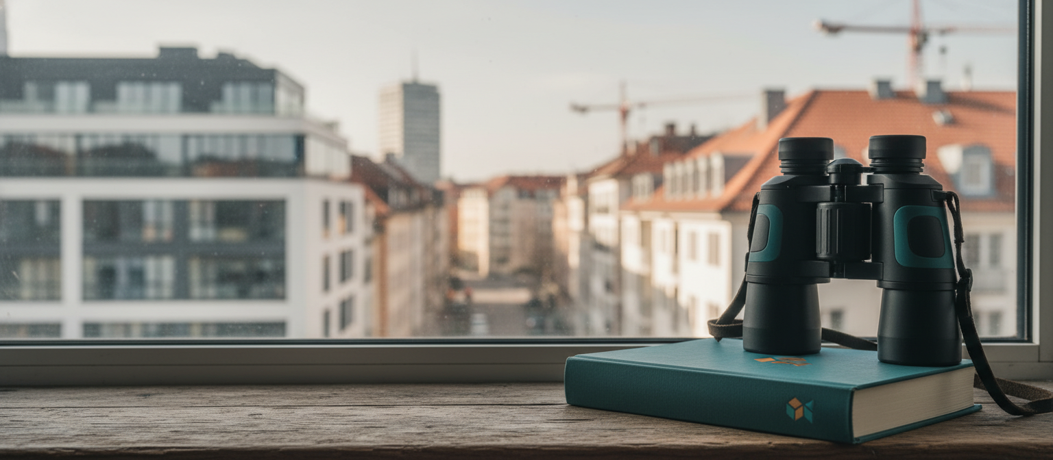 Fernglas und Buch mit Blick auf Baukräne