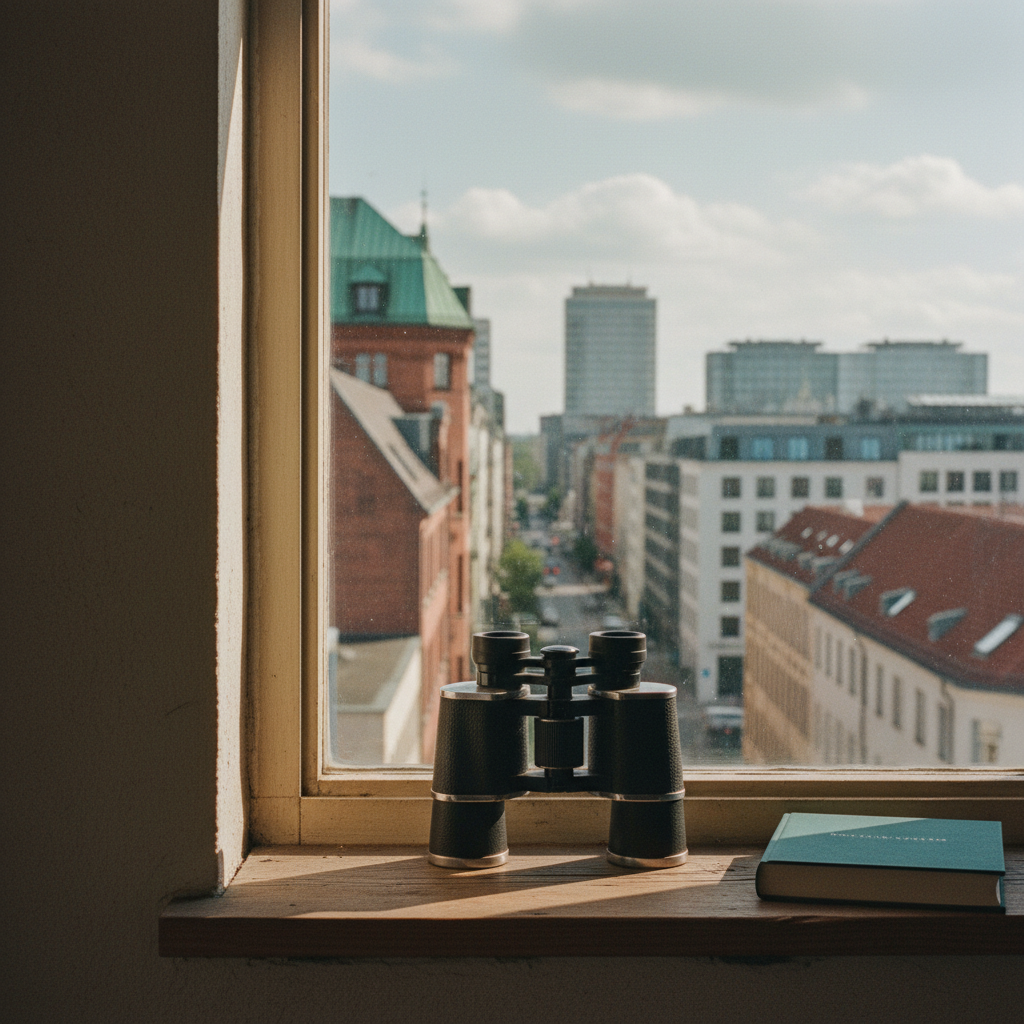Fernglas mit Fenster auf Stadtblick