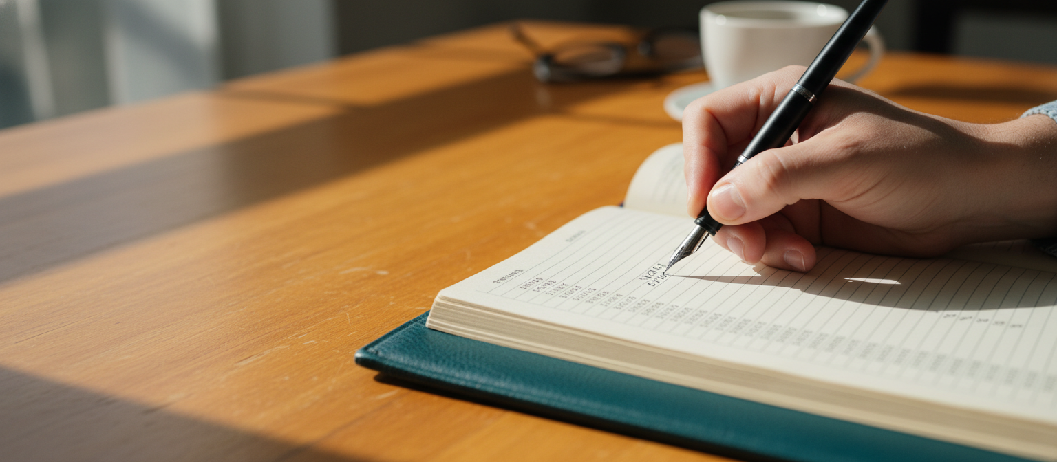 Hand mit Schreibend auf Notizbuch
