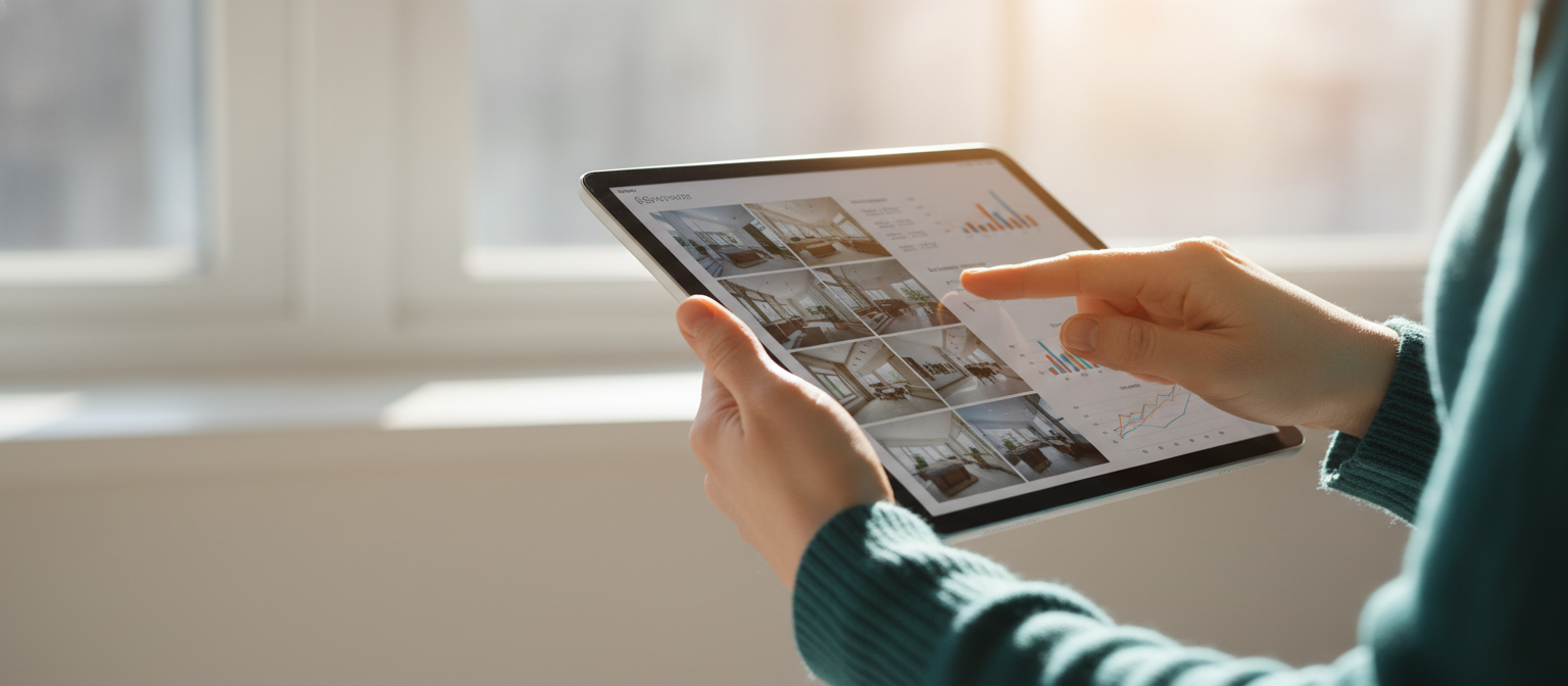 Hand mit Tablet bei der Immobiliensuche