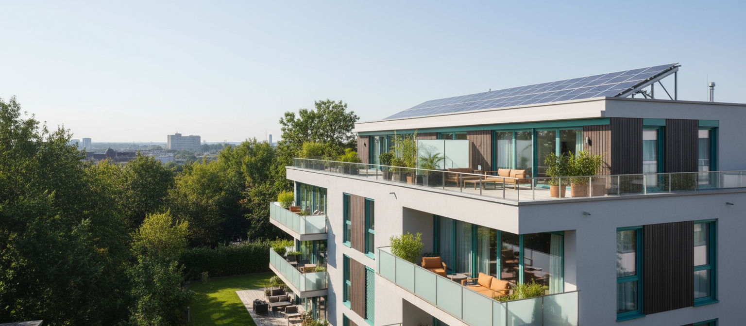 Mehrfamilienhaus mit Solaranlage auf Balkone