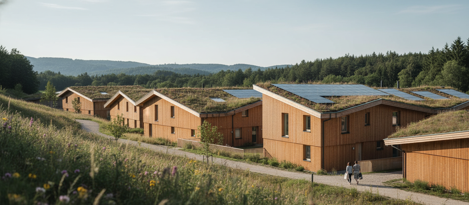 Ökohaus mit Gründach in einer Siedlung