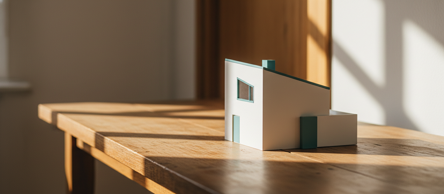 Papiermodell mit Haus auf Tisch
