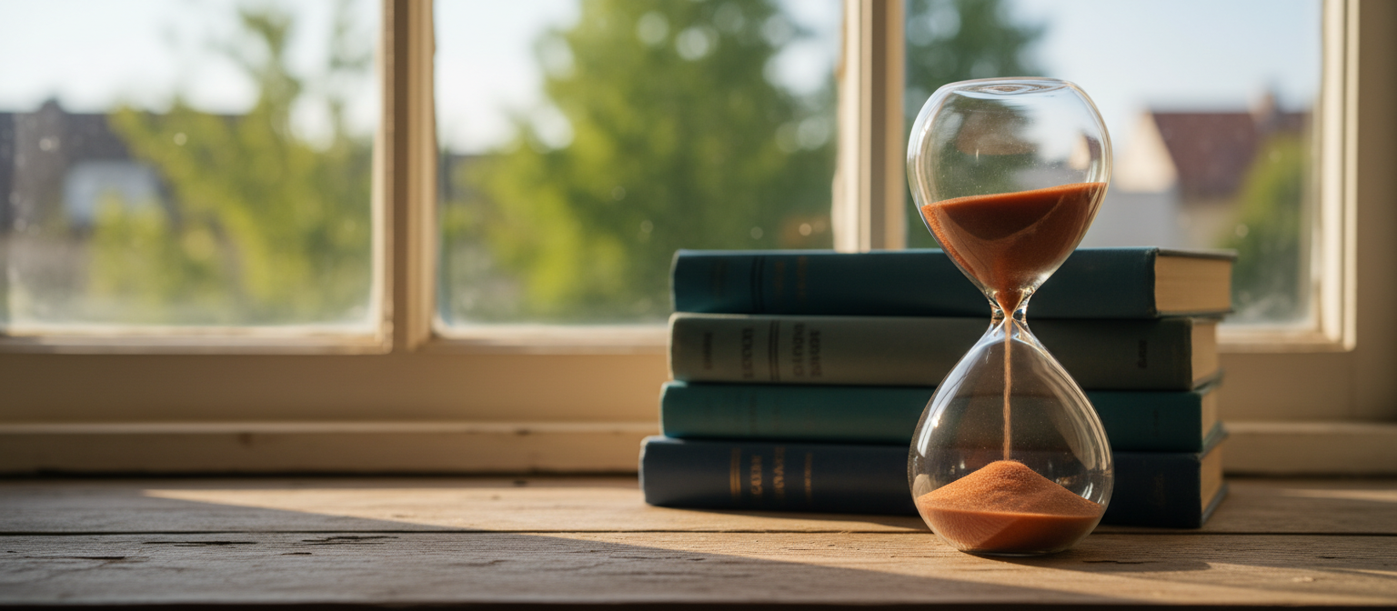 Sanduhr mit Bücher auf Fenster