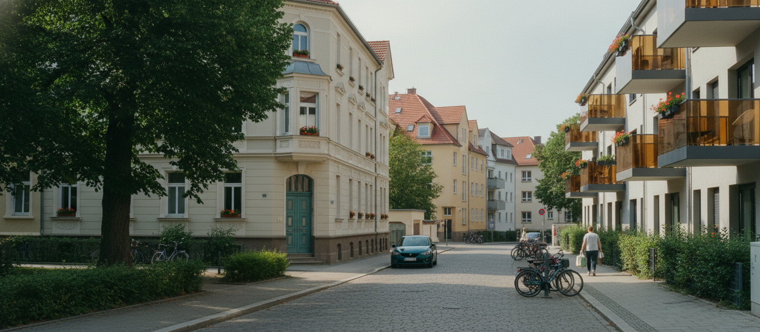 Straßenzug mit Altbau auf Neubau