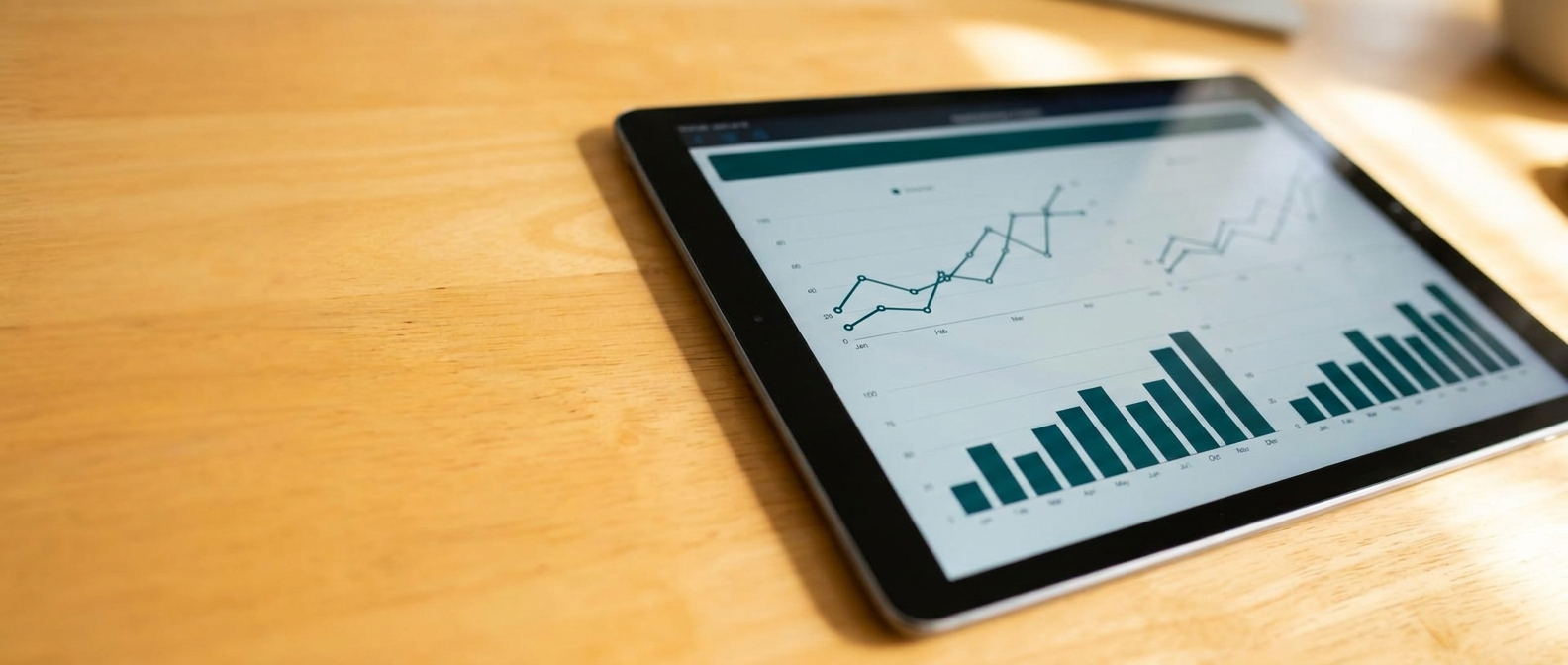 Tablet mit Balkendiagramm auf Holztisch