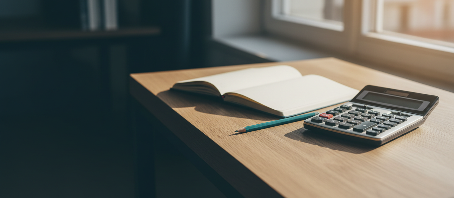 Taschenrechner mit Notizbuch und Stift auf dem Schreibtisch