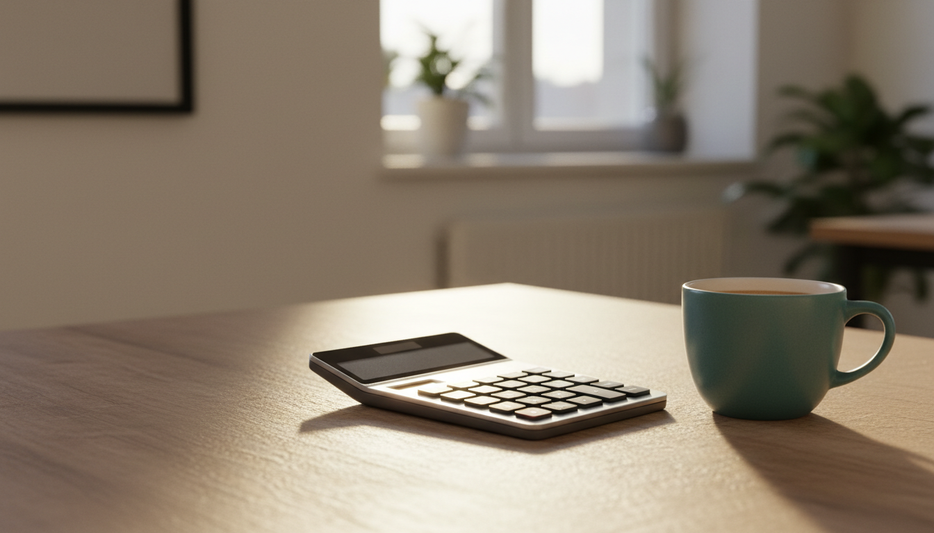 Taschenrechner mit Tasse auf Tisch