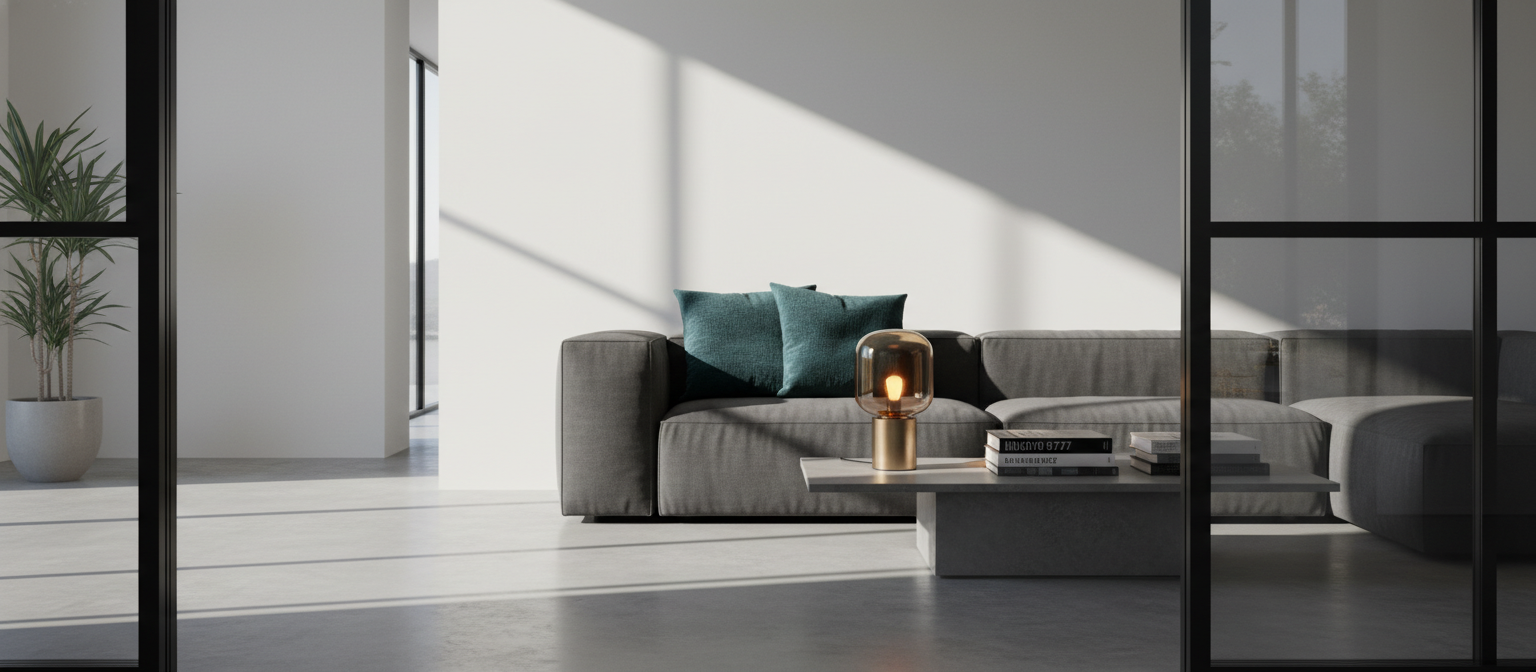Wohnzimmer Grau Sofa türkises Kissen